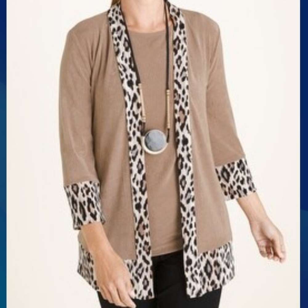 Chico's Travelers (Size 0/S/4) Animal Print Trim 3/4 Sleeve Open Cardigan